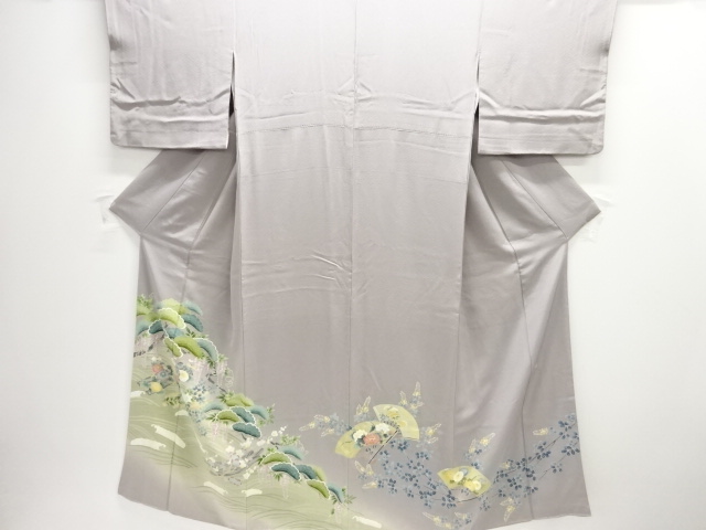 JAPANESE KIMONO / IRO TOMESODE / SILK / HAND PAINTED YUZEN / PINE & WISTERIA & FLORAL RAFT